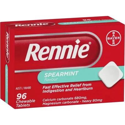 ريني (Rennie) مضاد للحموضة، سريع وفعال لعسر الهضم وحرقة المعدة، أقراص - 96 قرص - Bayer